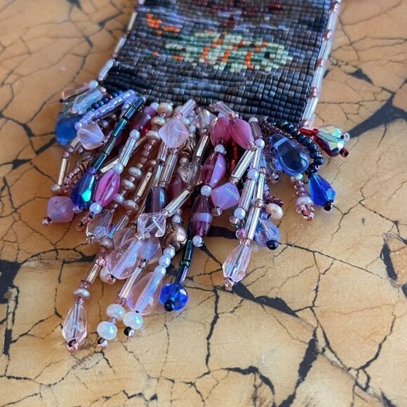 Hand Woven Bead Pouch Necklace Reversible Hummingbird Cat Cottage Boho Trinket - Picture 7 of 16